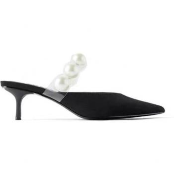Women’s Black Pearl-Accented Kitten Heel Sandals