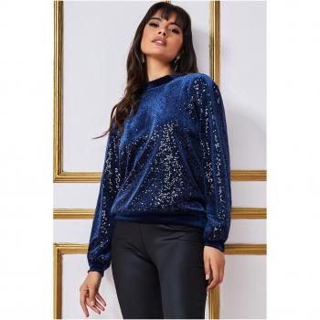 Goddiva Women's Navy Sequin Velvet Sweater - Size 8