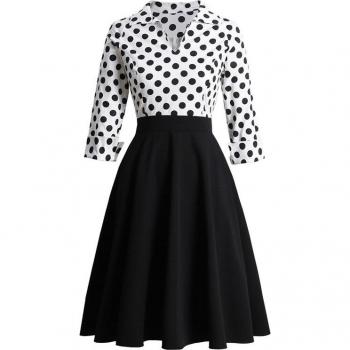 Two Tone Polka Dot Vintage Midi Dress for Women - Black and White