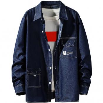 Camisa de Manga Larga Suelta para Hombre Contra con Parches de Denim, Bolsillos y Cuello Solapa W808