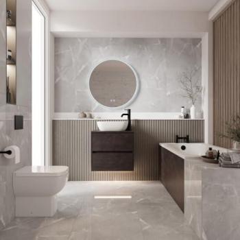 Alford Steel Straight Bathroom Suite 1500mm with Back to Wall Toilet and Slate Vanity