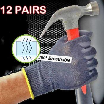 PU1350 Anti-Static Black Mechanic Work Gloves - 12 Pairs, Polyester & Nylon, Non-Slip