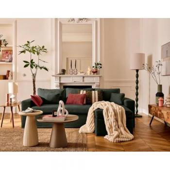 Canapé modulable Calgary 3 places + pouf en velours vert déhoussable