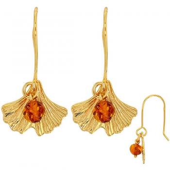Boucles d'oreilles argent 'Ginkgo Biloba' ambre doré - 14x12 mm