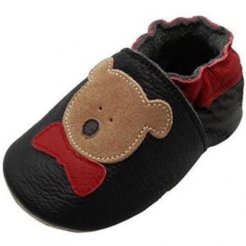 YIHAKIDS Chaussons Cuir Souple Bébé - Chaussures Premiers Pas en Cuir Souple - Fille Garçon Dessin Ours (Taille S, 0-6 Mois, Noir, Pointure 19/20 EU)