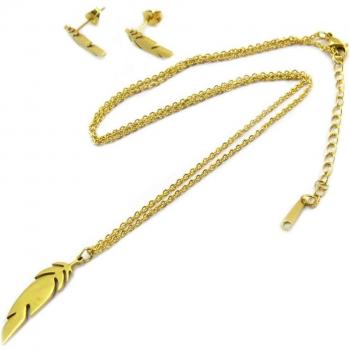 Parure collier + boucles acier 'Navajos' doré (plumes)