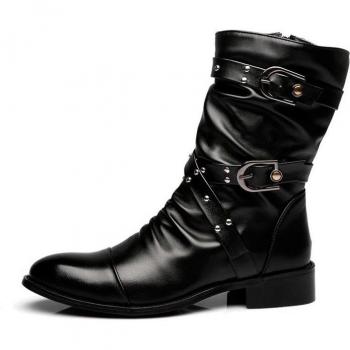 YD-EVER Black Leather Motorcycle Boots for Men with Metal Rivets