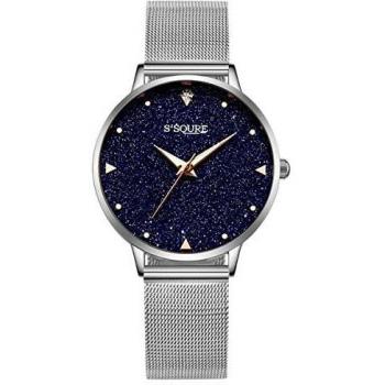Edelstahl-Glanz Alienwork Damenuhr mit Metall Mesh Armband – Quarz‑Zifferblatt in Schwarz und Silber