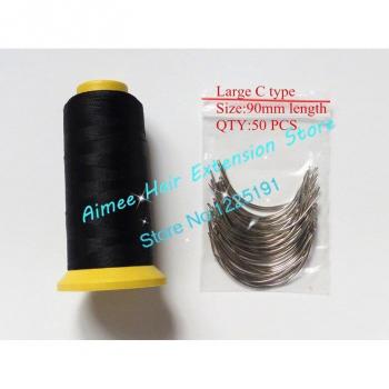 90mm Long Weaving Needles (50pcs) & Black Nylon High Strength Polyester Thread for Hair Weft