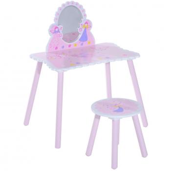 HOMCOM Pink Wooden Kids Dressing Table Set