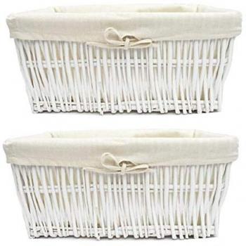 Topfurnishing Set of 2 Wider Large Big Deep Lined Kitchen Wicker Storage Basket Xmas Hamper Basket - White, 46x35x19.5cm