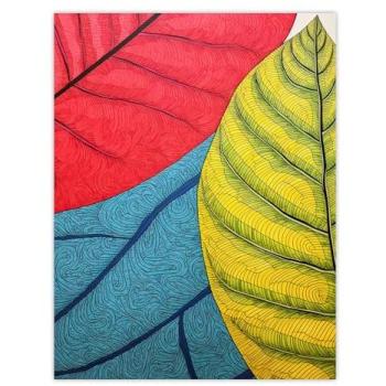 Gond Leaf Panorama – 18” × 24” Wall Art (Red/Blue/Green)