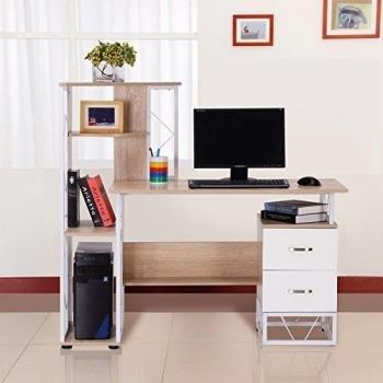 HOC2. HOMCOM Escritorio con Estantería Librería Mesa de Ordenador PC con Superficie de 110 cm 2 Cajones y Múltiples Estantes para Oficina Estudio Despacho 133x55x123 cm Roble