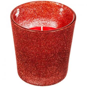 Luce festiva candela glitterata 8 cm 90 g in vaso rosso