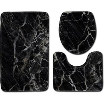 Non-Slip Black Marble 3-Piece Bathroom Mat Set