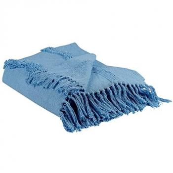 Coperta in cotone azzurro con frange e motivo geometrico 125 x 150 cm Khari