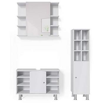 Set Mobili Bagno Fynn, Bianco, 3 Pezzi con Armadietto e Specchiera