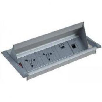 In‑Table Flip Top Power Hub – 312 mm × 150 mm × 13.63 mm, Silver/Grey, UK + RJ45, Dual USB Quick Charge (APD2PINF/1S/1D/1T‑K)