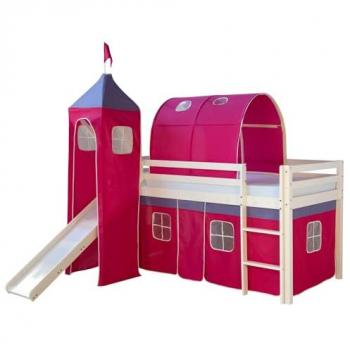 Lit simple blanc 90x200 en hauteur avec échelle, rideau, tunnel, tour et toboggan fuchsia