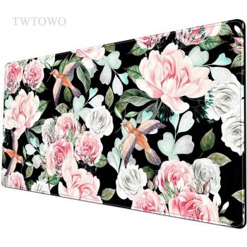 Tapis de souris antidérapant motif feuilles vertes et roses
