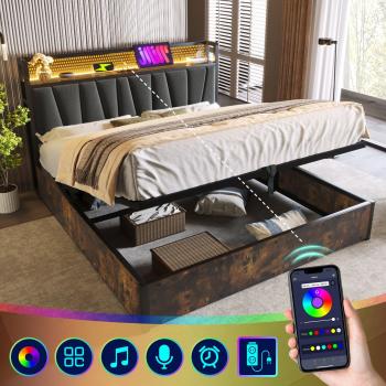 Merax Dormitorio LED Controlado Madera y Lino 160x200