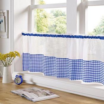 Gingham Ready Made Slot Top Voile Cafe Curtain Panel - Blue, 59' x 18'