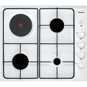 Brandt - Table de Cuisson Mélange Gaz Électrique 58cm 4 Brûleurs Blanc BPE6411WM