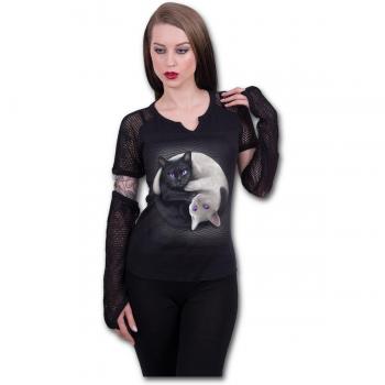Schwarzes Longshirt „YIN Yang Cats“, M
