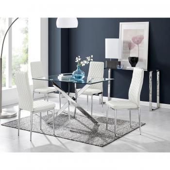 Leonardo Dining Table with Chrome Metal and 4 Milan Chairs
