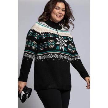 Maglione Norvegese Plus Size con Zip e Collo a Polo, Donna, Bianco, Taglia 60/62, Fibre Sintetiche/Poliestere