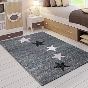Vimoda Kinderteppich Kurzflor Pink Stern Muster, Rechteckig, Höhe: 11 mm, Teppich Sternenmuster modern für Kinderzimmer, Spielzimmer