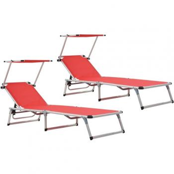 Lot 2 chaises longues à toit en aluminium textilène – modèle pliable