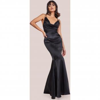 Goddiva Cowl Neck With Strappy Back Satin Maxi - Black