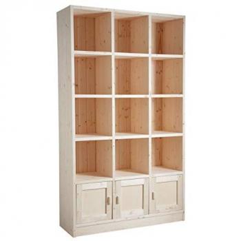 Étagère à livres 12 compartiments, 3 portes – Bois épicéa naturel