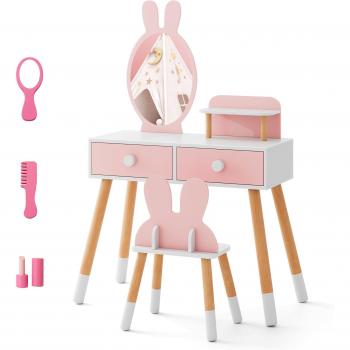 Coiffeuse Enfant Rose avec Miroir et Tiroirs