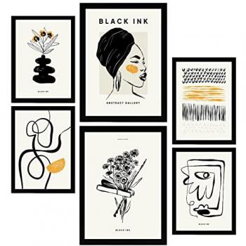 Nacnic Set de 6 Pósters Artísticos en Tinta Negra - Decoración Abstracta para Interiores con Marcos Negros (A3 y A4)