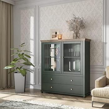 Lomadox Highboard EPSOM-83, Landhausgrün mit Lefkas Eiche Nb., 126/138/42 cm