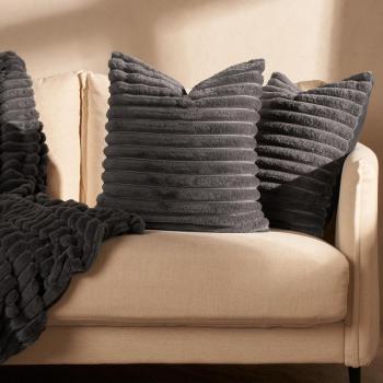 Pack of Faux Fur Ribbed Cushion Covers - Charcoal / 4