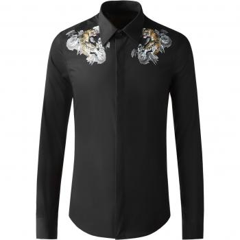 Camisa informal de manga larga estilo chino con tigre rosa M-4XL