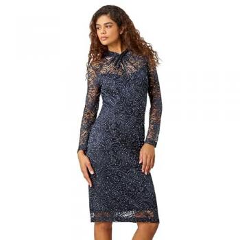 Roman Black Velvet Lace Twist Neck Dress – Size 14
