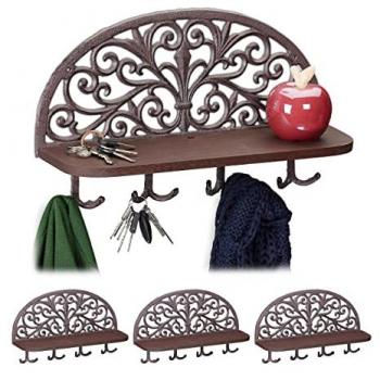 Appendiabiti da Parete Antico con Mensola, 4 Ganci Doppi, Ghisa, 23x39x11,5 cm, Marrone