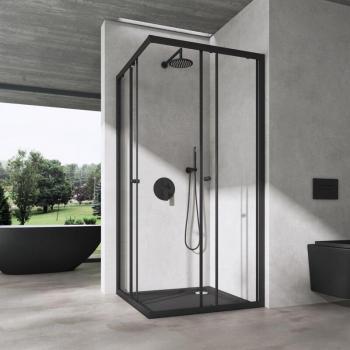 Cabine d’angle en verre trempé transparent avec portes coulissantes et cadre noir – Doporro Ravenna 16K‑Plus, 75×80×190 cm, montage inversible