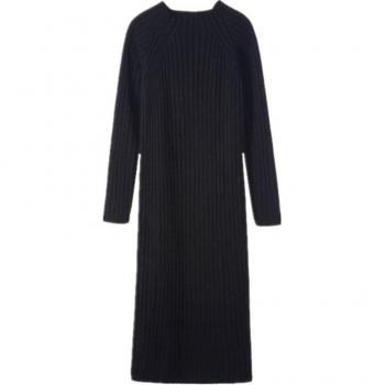 Wärmeherbst-Winter Dünn gestricktes zur Seite geschlagenes Langenkleid Künstlerisch drapiertes gerades Kleid Mittel-Knöchellang Schwarzwildes dick Lässiges Kleid Mw016