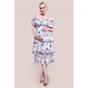 Goddiva Maternity Shirred Chiffon Floral Bardot Midi Dress - Multi