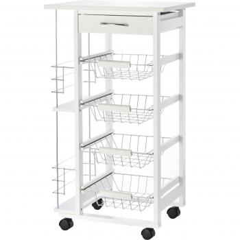 HOMCOM Carrello da Cucina in Legno Bianco con 1 Cassetto e 4 Cestelli Metallici