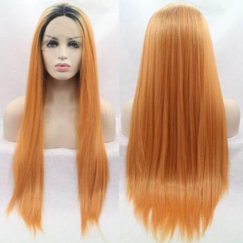 Peluca frontal de encaje sintética para mujer, color negro ombré naranja