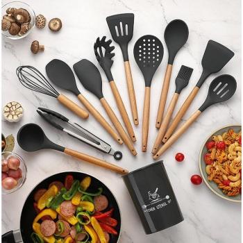 Non-Stick Silicone Cooking Tools Set - 11 Pieces with Wooden Handle