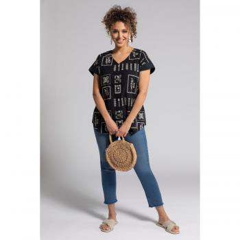 Camicetta oversize in cotone nera con ricami, scollatura a V e bottoni, Taglia 60/62