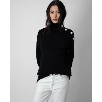 Zadig & Voltaire Black Cashmere Turtleneck Jumper with Buttons, Size S