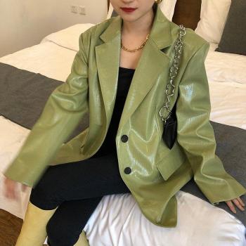 Y2K Green Faux Leather Coat for Women - Chic Vintage, Loose Fit, Long Sleeve